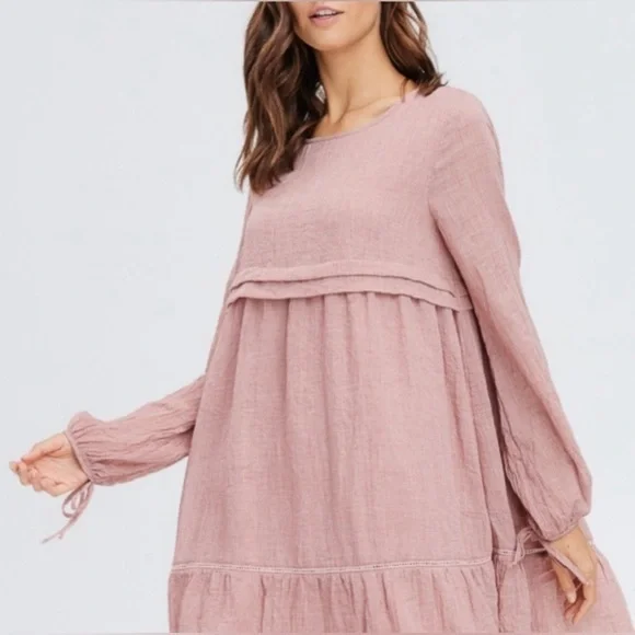 CRESCENT gauzy flowy skirt empire waist baby doll dress tie sleeve spring summer - Picture 9 of 17